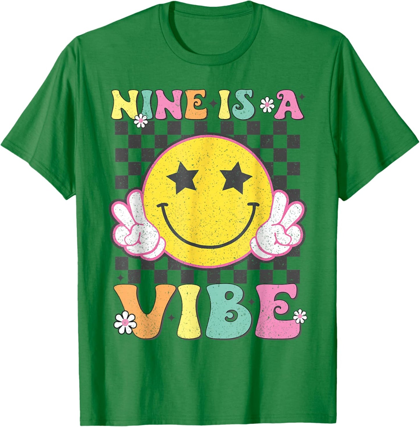 Nine is A Vibe 9th Birthday Groovy Smile Face 9 Years Old T-Shirt - T-Shirt | Irish Green
