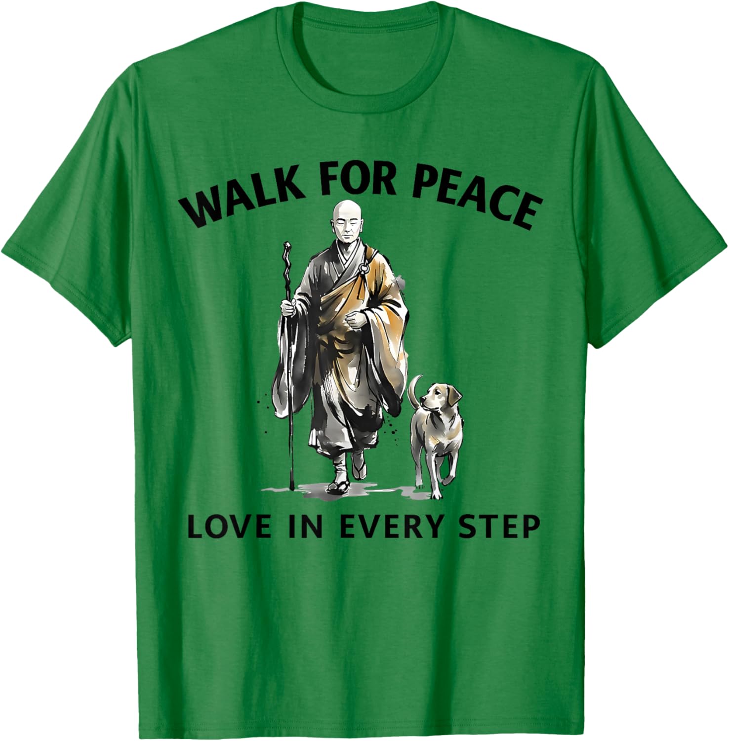 Retro Peace Walking Monks & Dog Minimalist Zen Art T-Shirt - T-Shirt | Irish Green