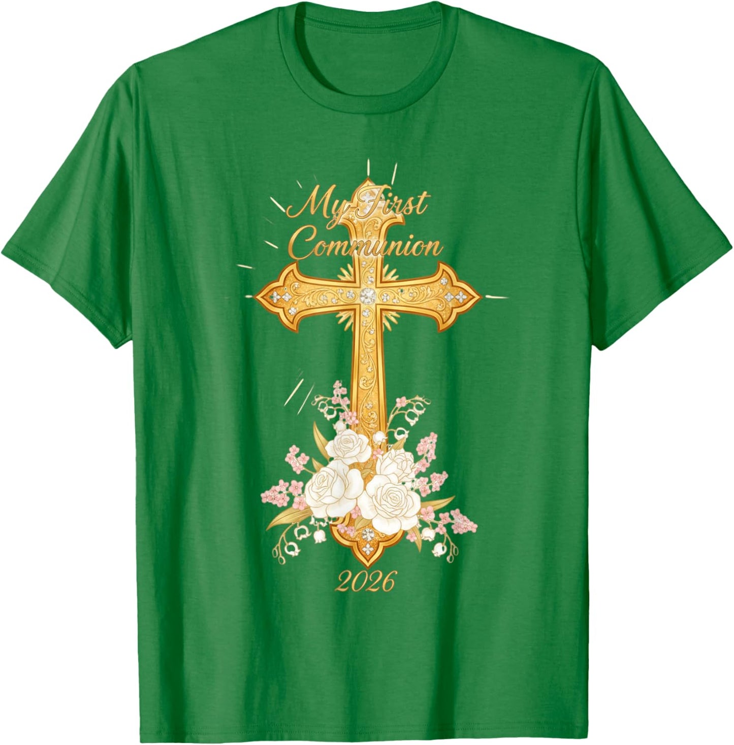My First Communion 2026 Floral Cross Catholic Girls T-Shirt - T-Shirt | Irish Green