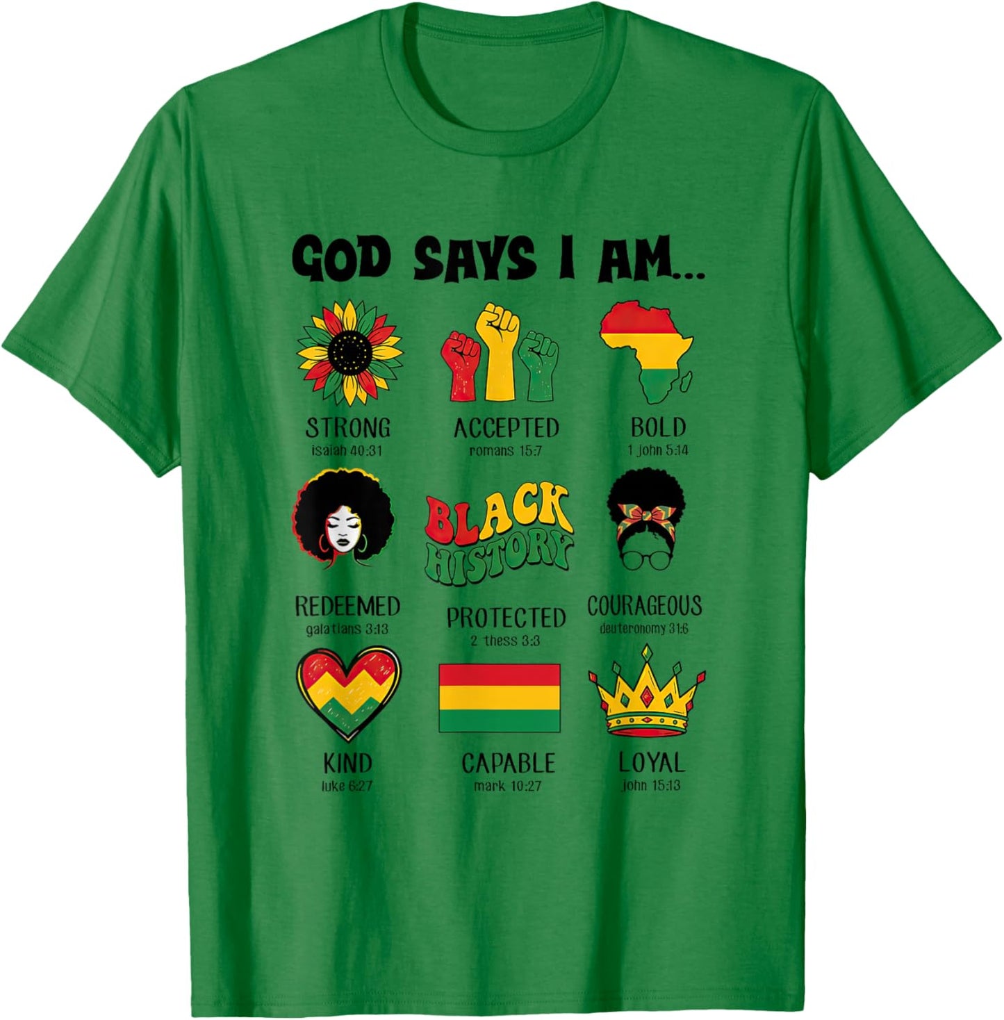 God Says I-Am Black History Afro Women Bible Verse Christian T-Shirt - T-Shirt | Irish Green