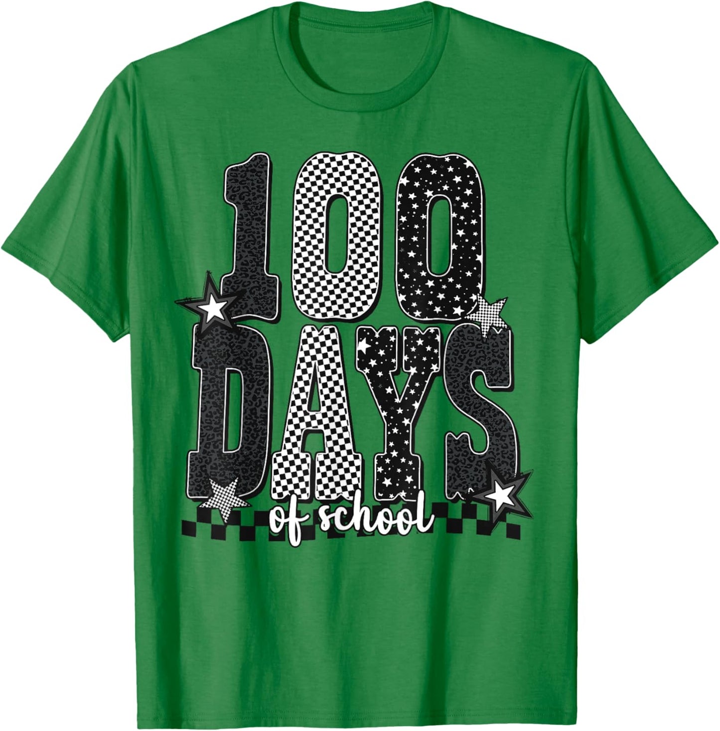 Black White Checkered Leopard 100 Days of School Stars T-Shirt - T-Shirt | Irish Green