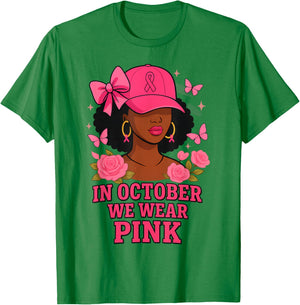 in October We Wear Pink Black Women Breast Cancer Awareness T-Shirt - T-Shirt | Irish Green