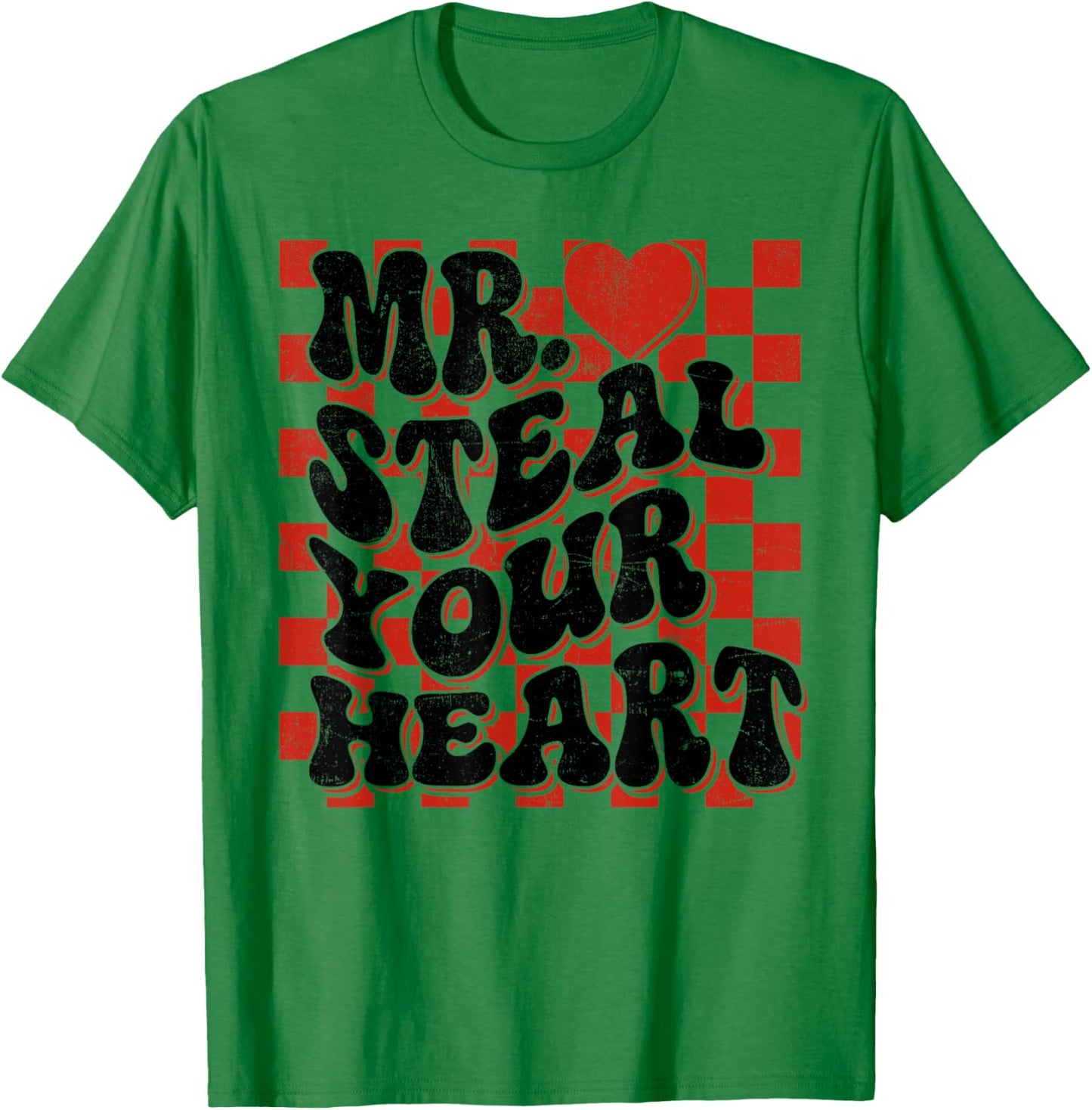 Cute Valentine Boy Mr Steal Your Heart Checkered Heart Kids T-Shirt - T-Shirt | Irish Green