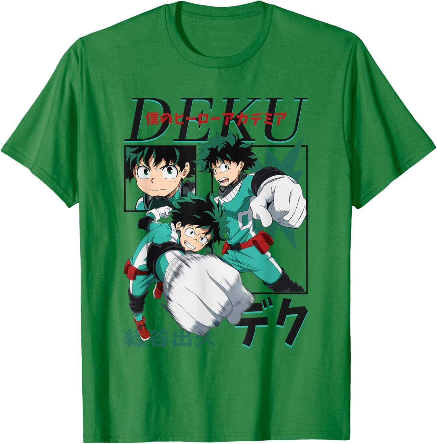 My Hero Academia Deku Action Poses Collage with Kanji Anime T-Shirt - T-Shirt | Irish Green