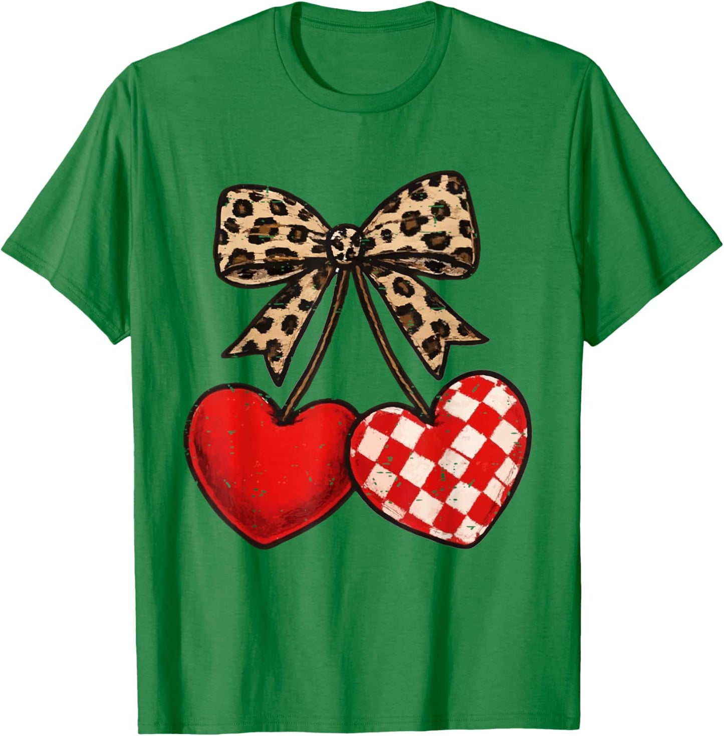 Leopard Coquette Bow Cherries Heart Funny Valentine Cherry T-Shirt - T-Shirt | Irish Green