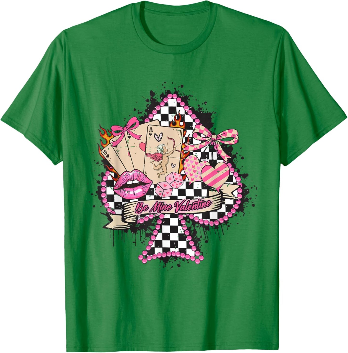 Retro Checkered Western Be Mine Valentine Cherry Bow Cupid T-Shirt - T-Shirt | Irish Green