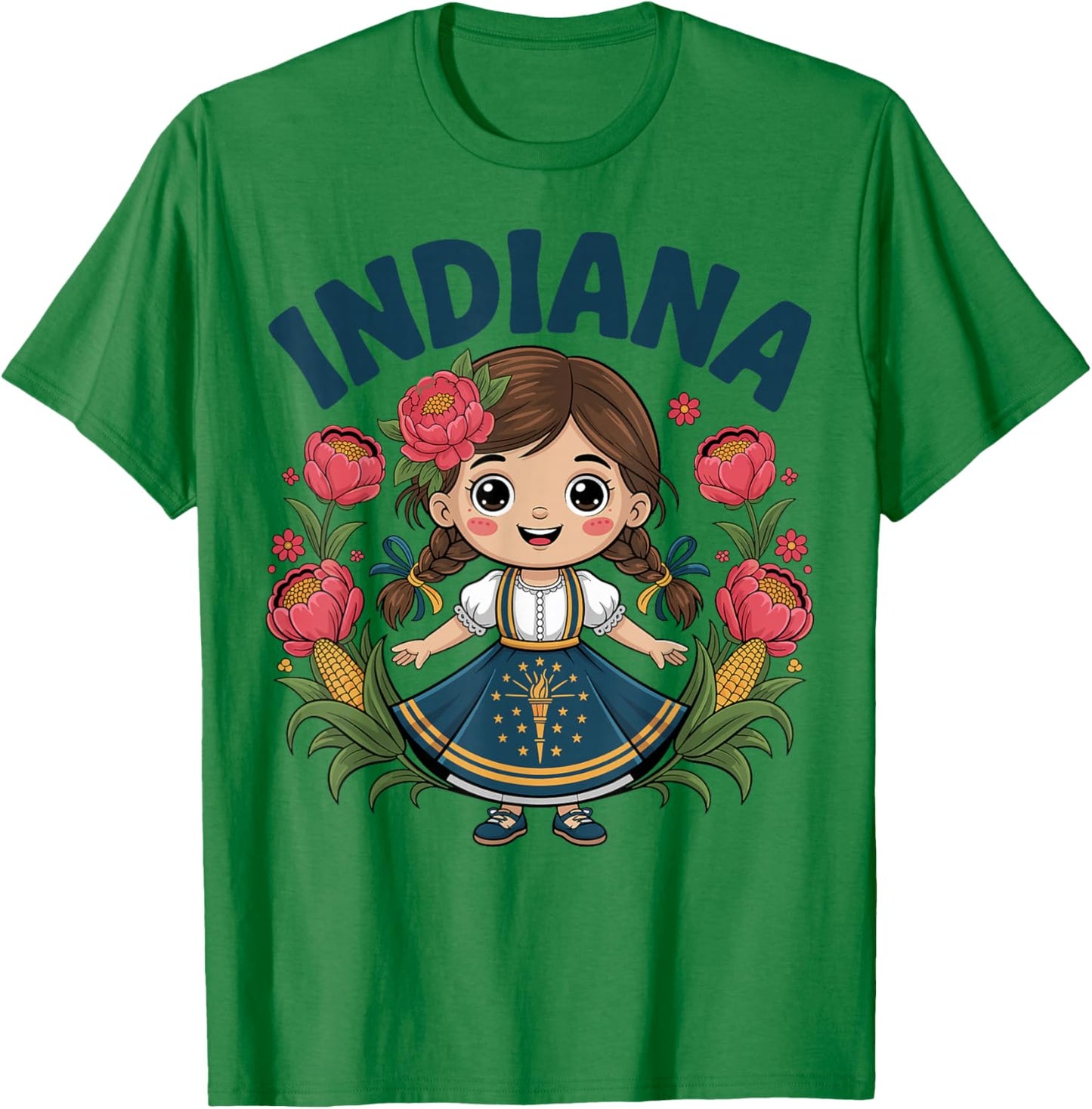 Cute Indiana Girl with State Flag Dress for Kids T-Shirt - T-Shirt | Irish Green