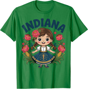 Cute Indiana Girl with State Flag Dress for Kids T-Shirt - T-Shirt | Irish Green