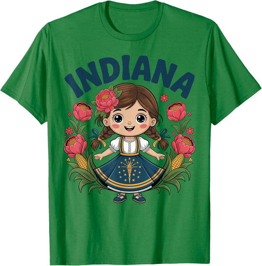 Cute Indiana Girl with State Flag Dress for Kids T-Shirt - T-Shirt | Irish Green
