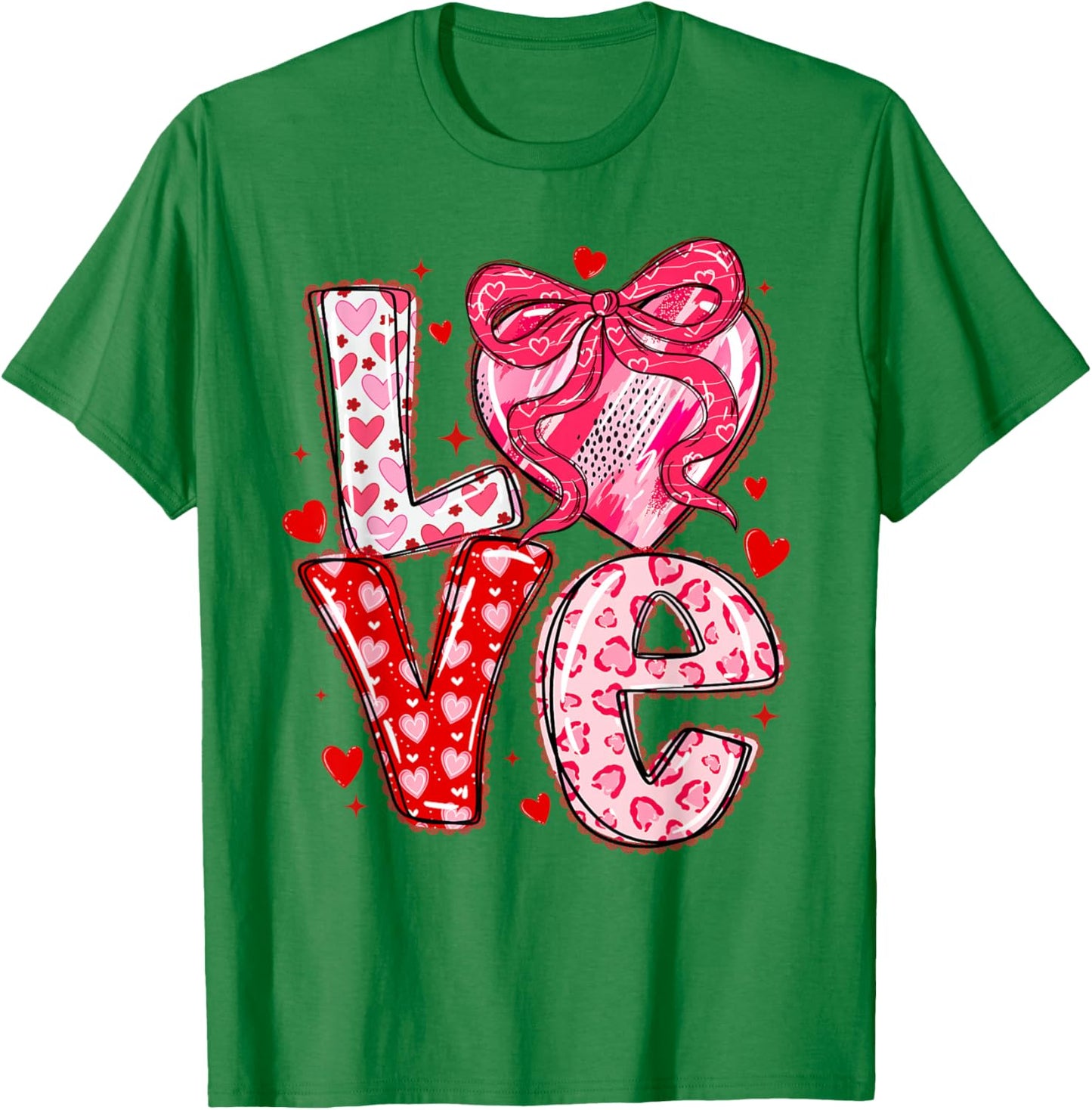 Valentines Day Love Hearts Leopard Coquette Bow Women Girls T-Shirt - T-Shirt | Irish Green