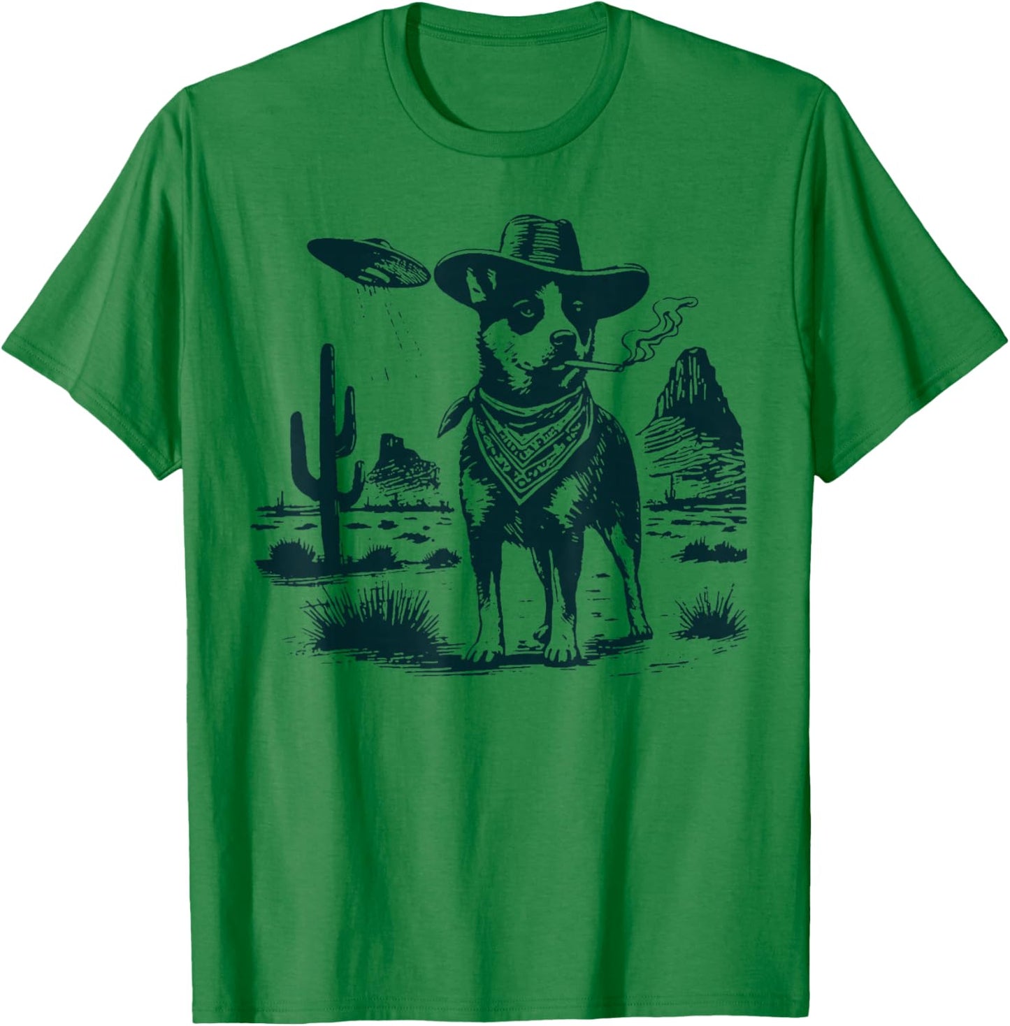 Australian Cattle Dog Smoking with UFO Western Cowboy Dog T-Shirt - T-Shirt | Irish Green