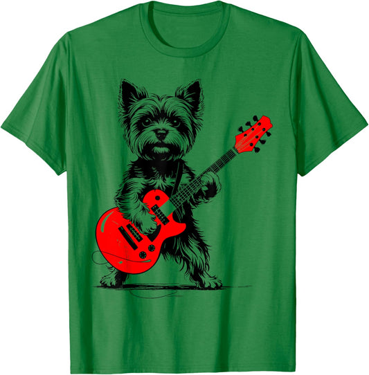 Vintage Yorkie Rock Funny Dog Playing Guitar Rock Style T-Shirt - T-Shirt | Irish Green