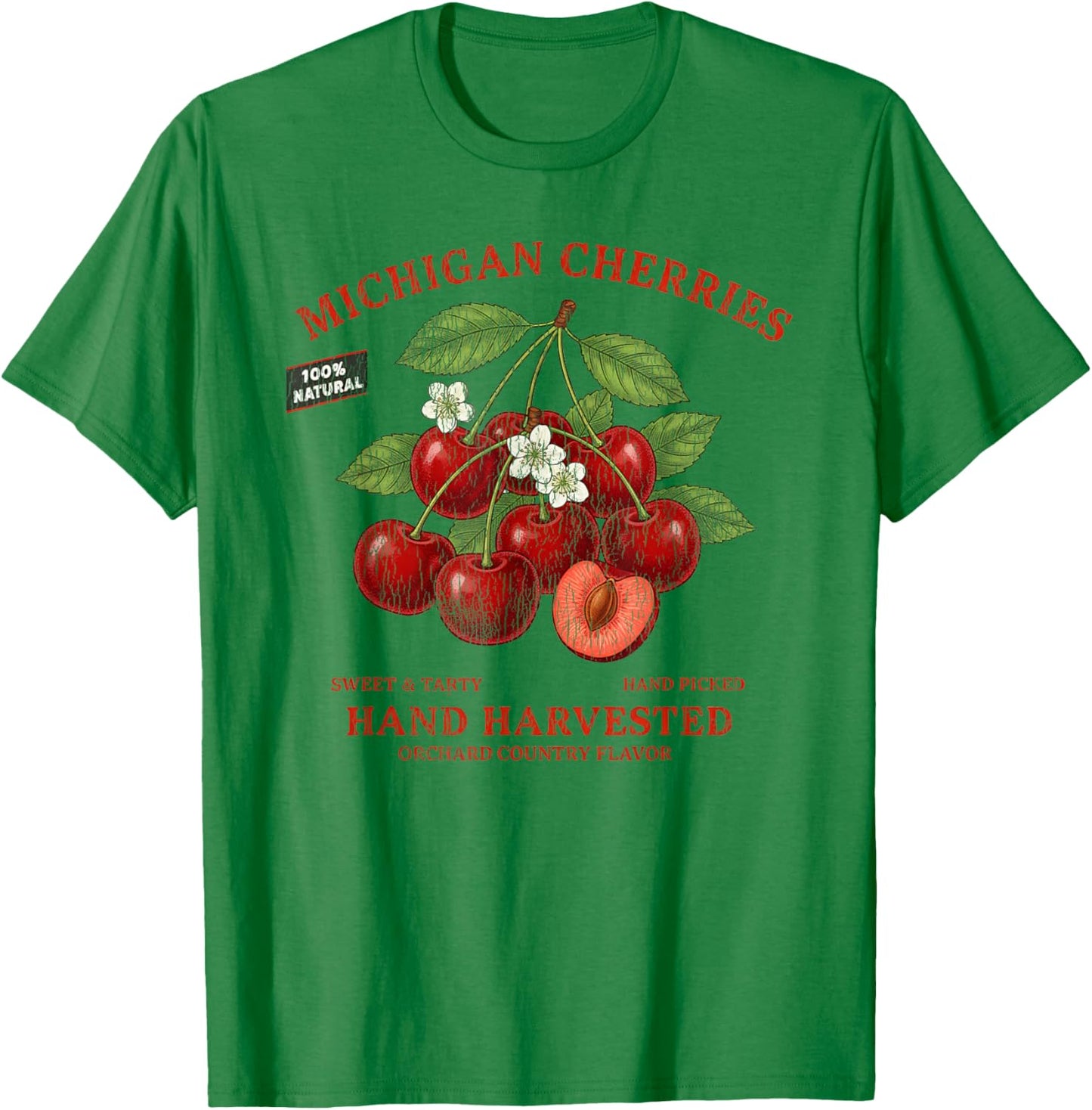Michigan Cherries Retro Fruit Label State Fruit Distressed T-Shirt - T-Shirt | Irish Green