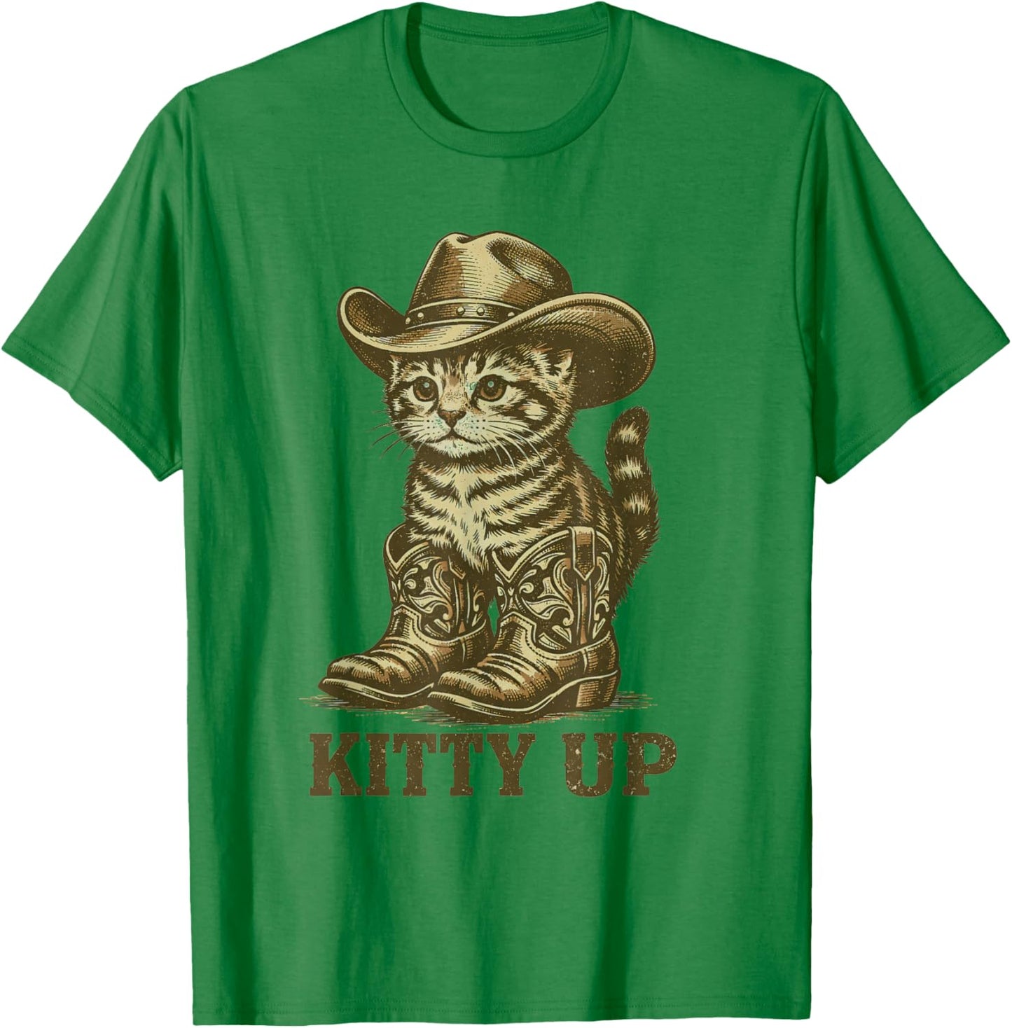 Kitty Up Vintage Western Country Music Funny Cowboy Cat T-Shirt - T-Shirt | Irish Green