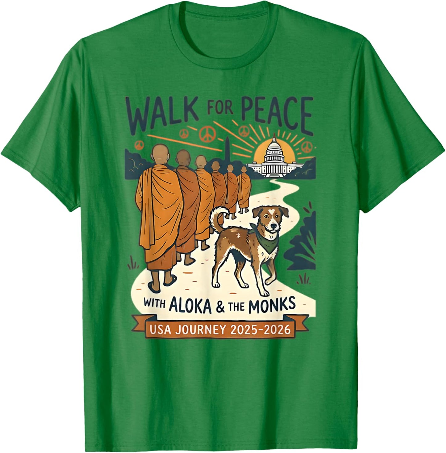 Walk for Peace Monks Dog USA Journey 2025-2026 Vintage Zen T-Shirt - T-Shirt | Irish Green
