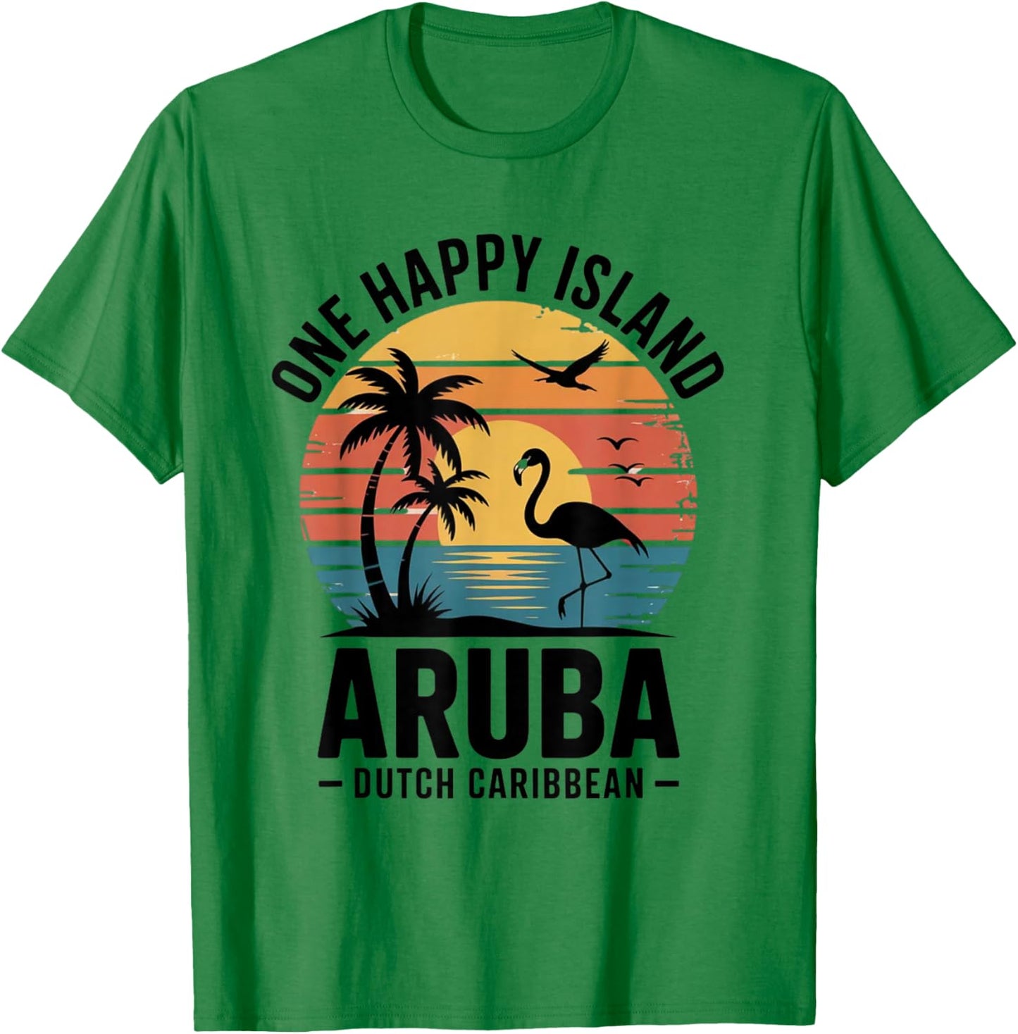 Aruba One Happy Island Flamingo Sunset Retro Vintage Beach T-Shirt - T-Shirt | Irish Green
