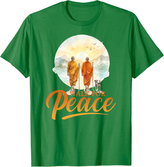 Walk for Peace Monks with Aloka Dog Minimalist Zen Art T-Shirt - T-Shirt | Irish Green