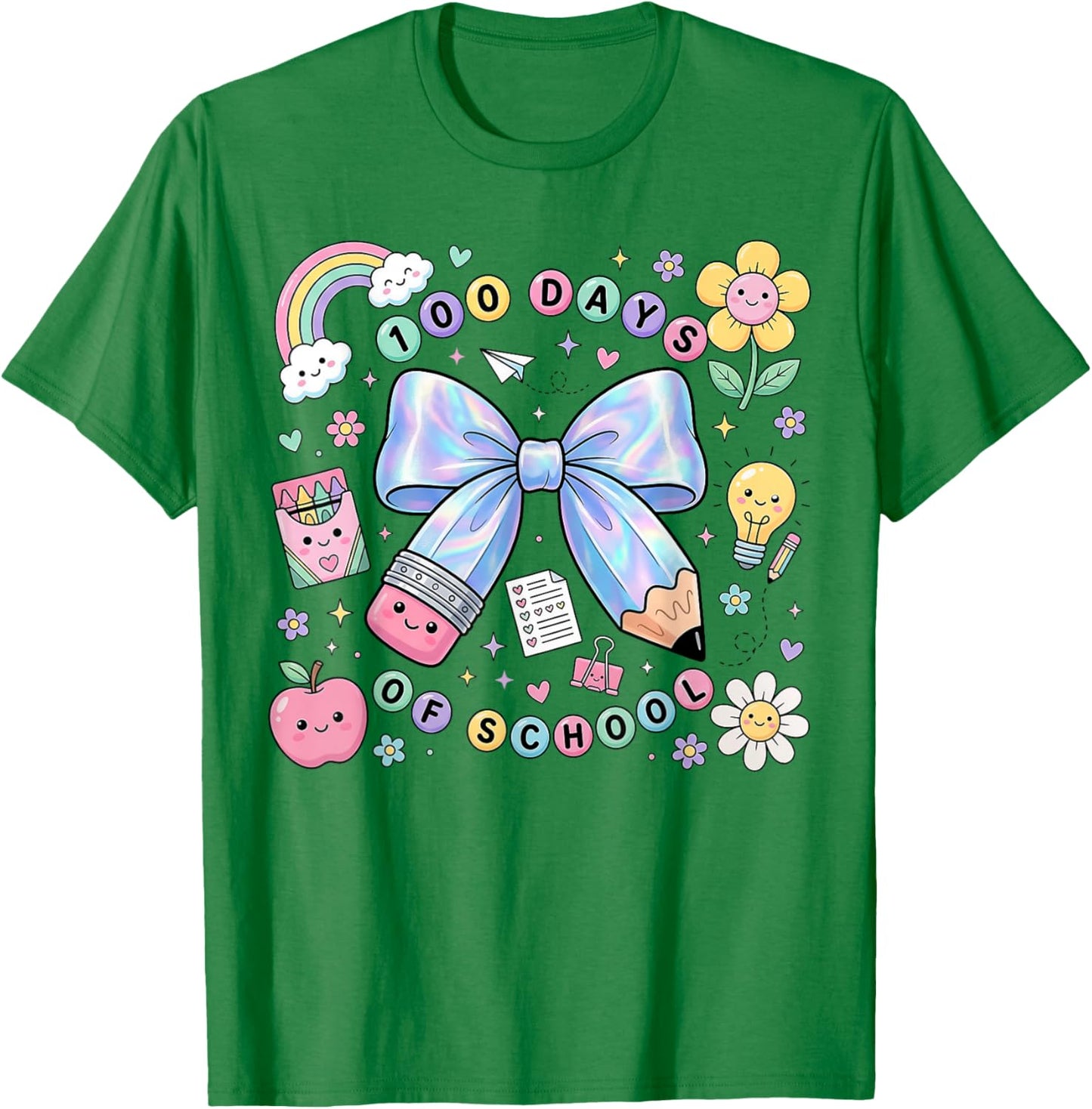 100 Days of School Coquette Pencil Bow Ribbon Floral Girl T-Shirt - T-Shirt | Irish Green
