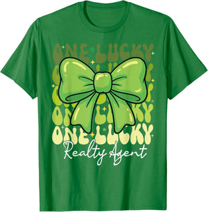 One Lucky Realty Agent St Patricks Day Coquette Bow Retro T-Shirt - T-Shirt | Irish Green