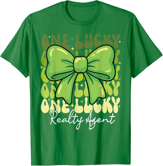 One Lucky Realty Agent St Patricks Day Coquette Bow Retro T-Shirt - T-Shirt | Irish Green