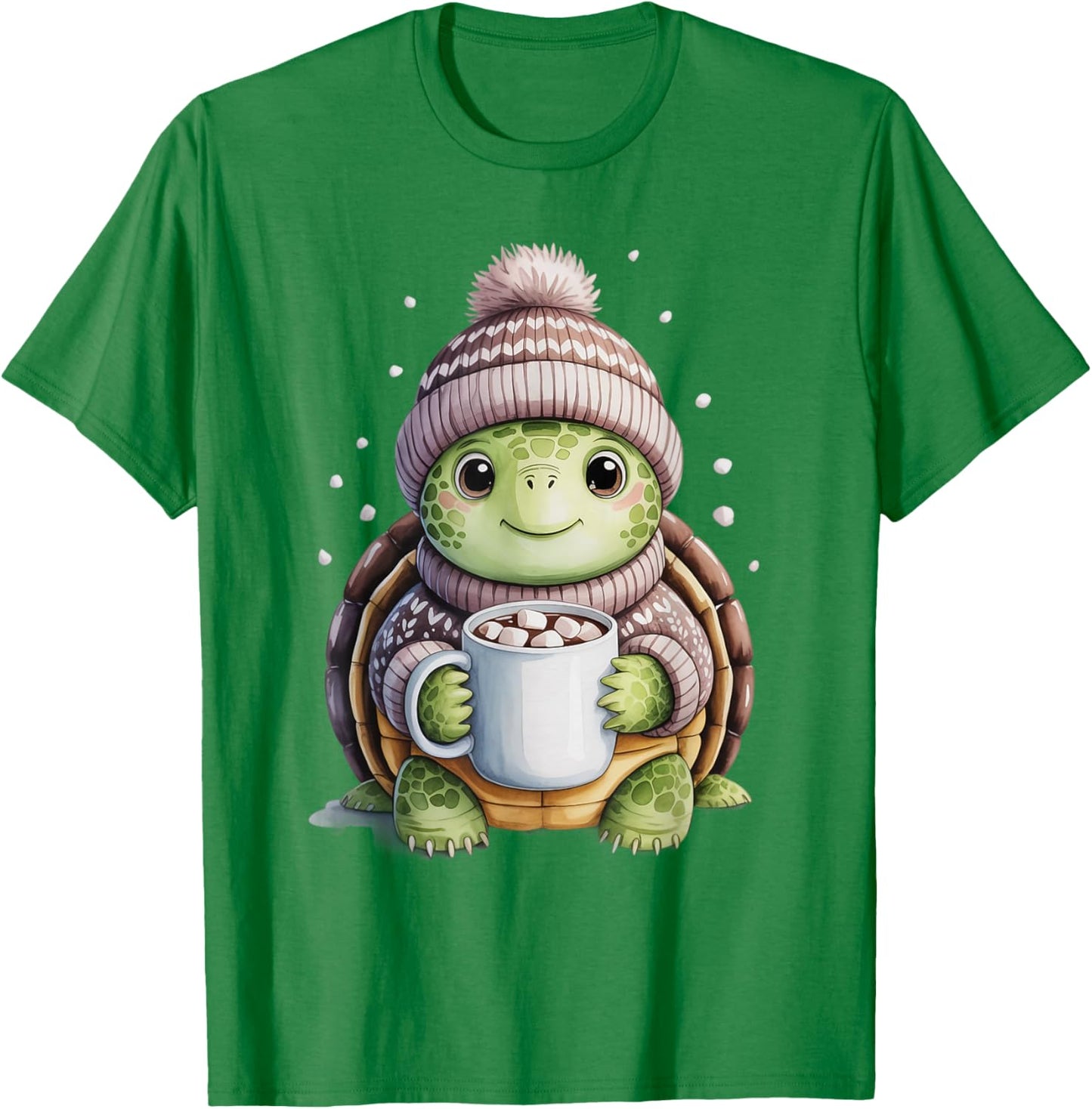 Cozy Turtle with Hot Cocoa Winter Holiday Sweater Design T-Shirt - T-Shirt | Irish Green