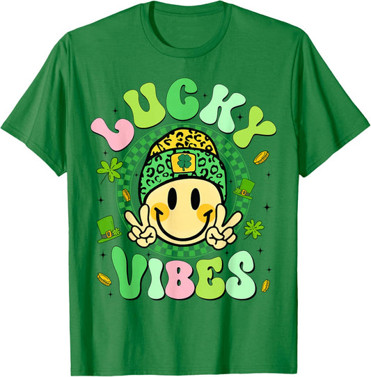 Lucky Vibes St. Patricks Day Funny Smile Face Boy Girl Kid T-Shirt - T-Shirt | Irish Green