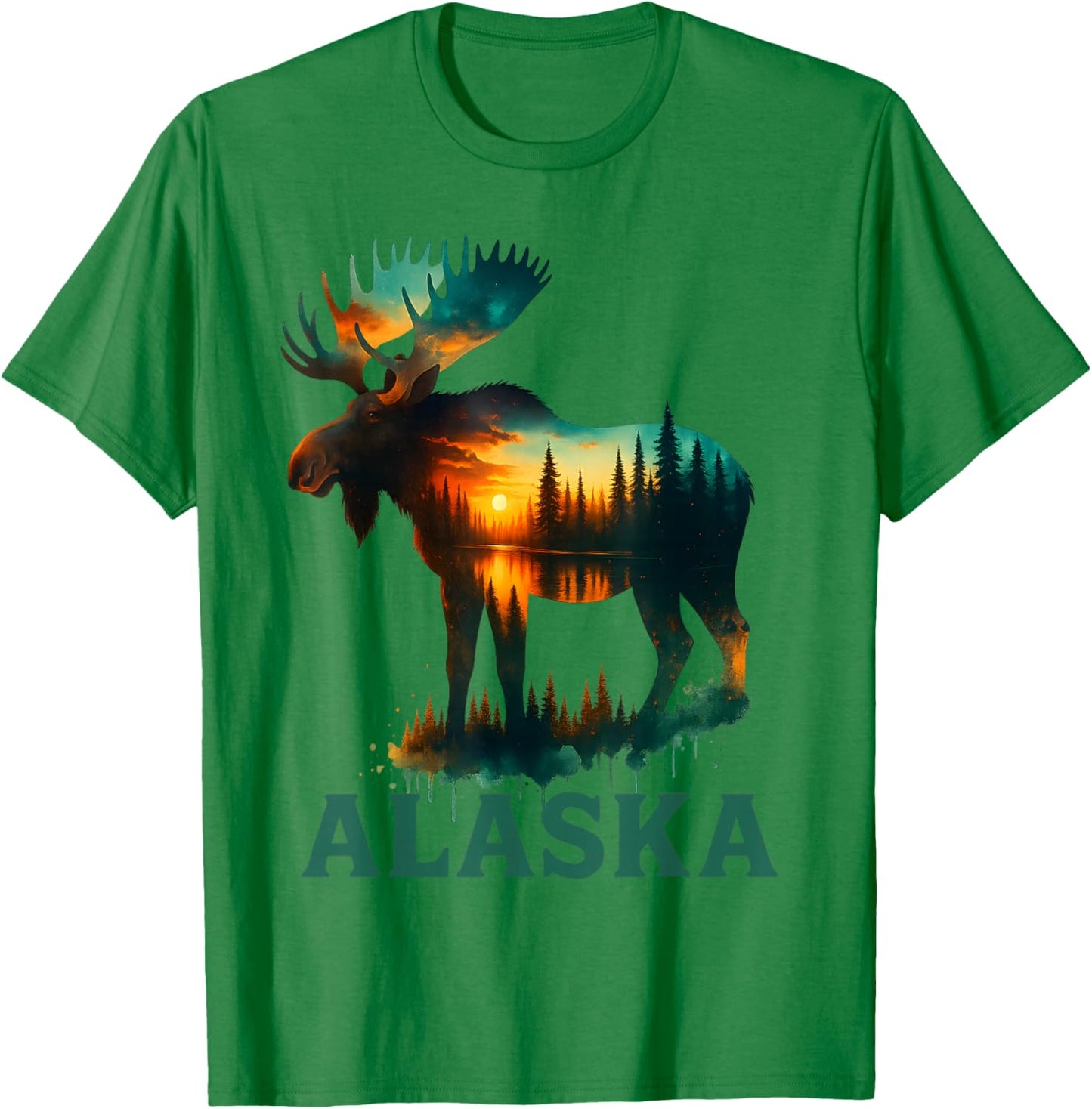 Alaska Alaskan Moose with Lake & Mountain Souvenir Men Women T-Shirt - T-Shirt | Irish Green