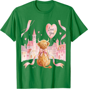 Coquette Bow Country Highland Cow Valentine Farmer Hearts T-Shirt - T-Shirt | Irish Green