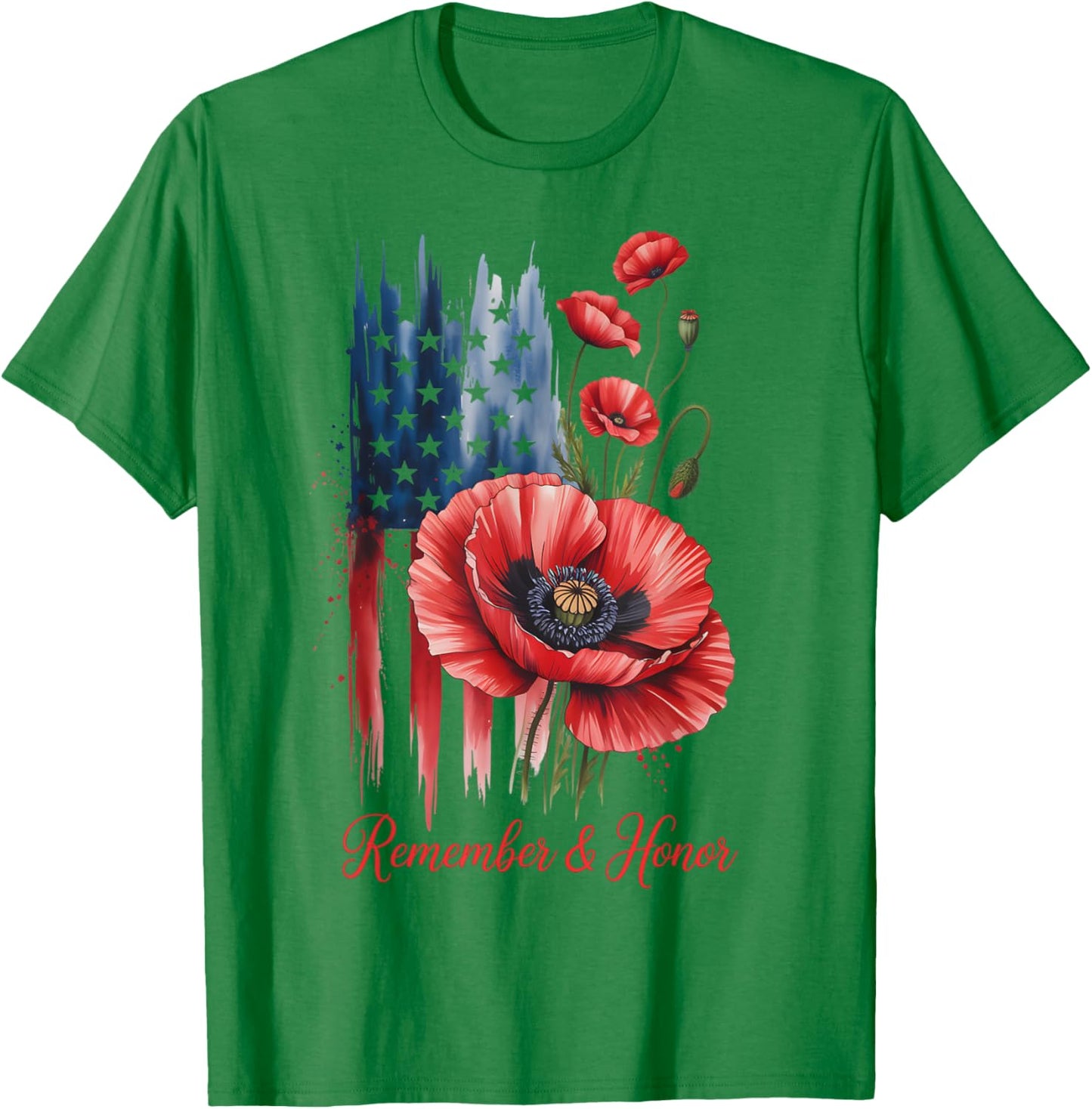 Retro Remember and Honor Memorial Day Red Poppy Flowers T-Shirt - T-Shirt | Irish Green