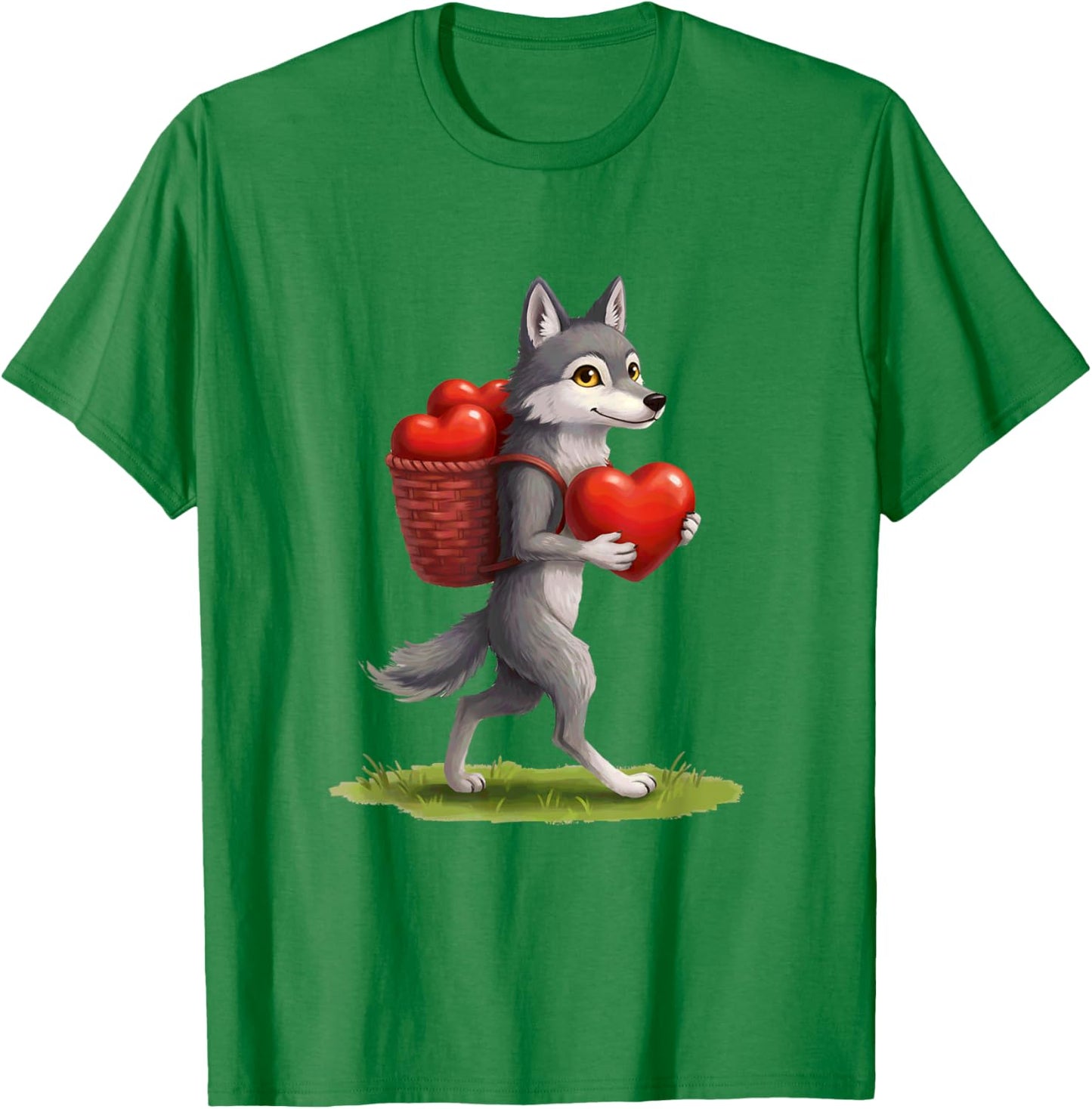 Wolf with Bag of Hearts Valentines Day T-Shirt - T-Shirt | Irish Green