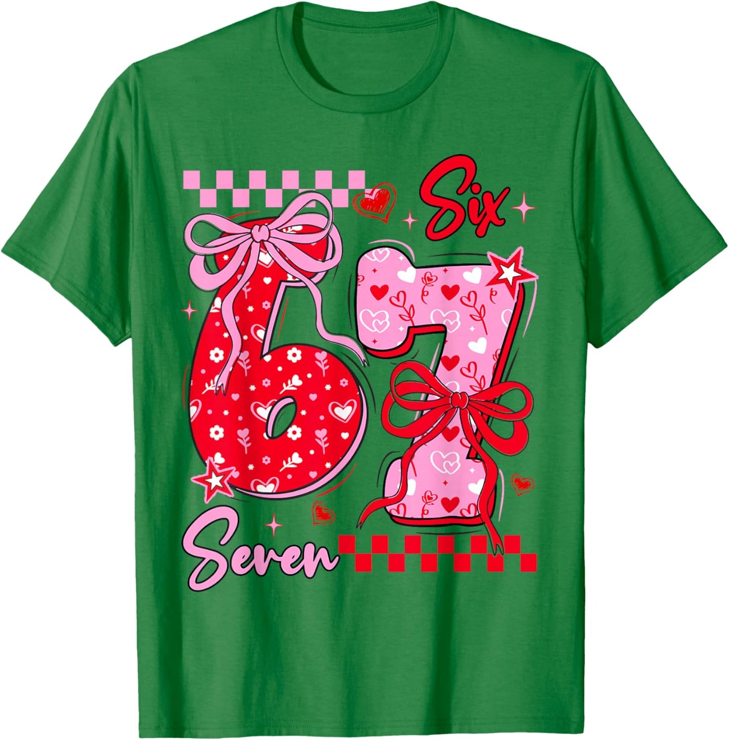 Funny Valentine’s Day 67 Meme 6 7 Valentine Bow Hearts T-Shirt - T-Shirt | Irish Green