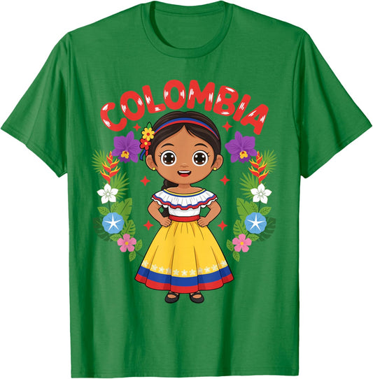 Colombia Colombian Girl Traditional Dress Flowers Heritage T-Shirt - T-Shirt | Irish Green