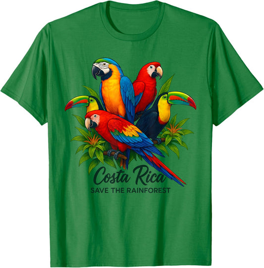 Costa Rica Save The Rainforest Birds Quetzal Macaw Toucan T-Shirt - T-Shirt | Irish Green