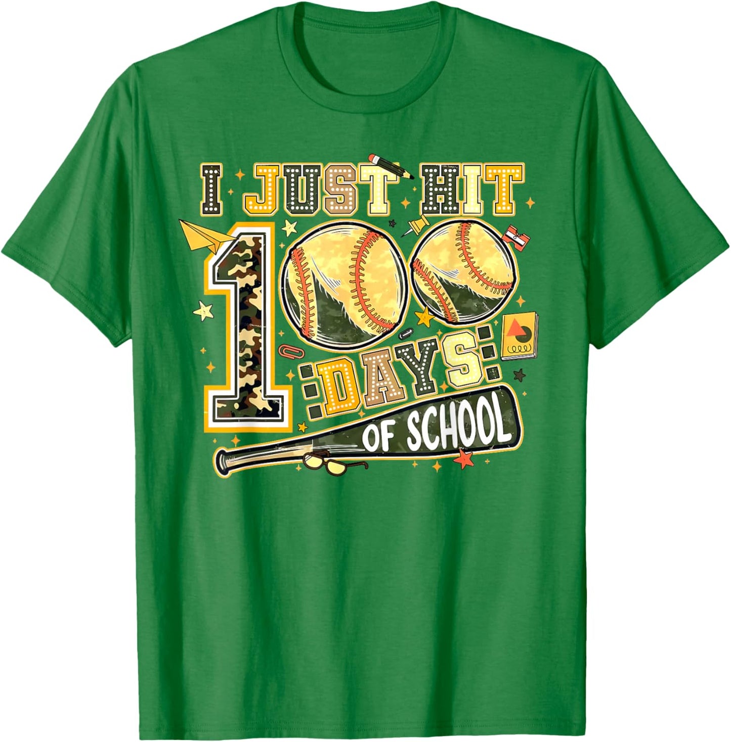 Happy 100 Days of School Baseball Camo 100th Day of School T-Shirt - T-Shirt | Irish Green