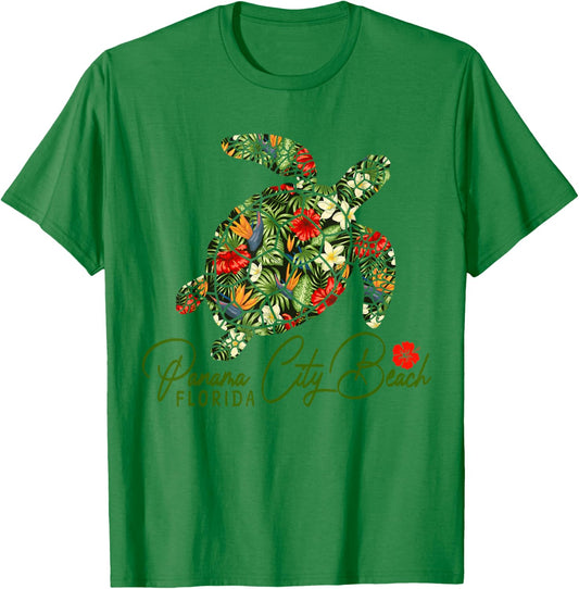 Panama City Beach Florida Sea Turtle Tropical Hibiscus T-Shirt - T-Shirt | Irish Green