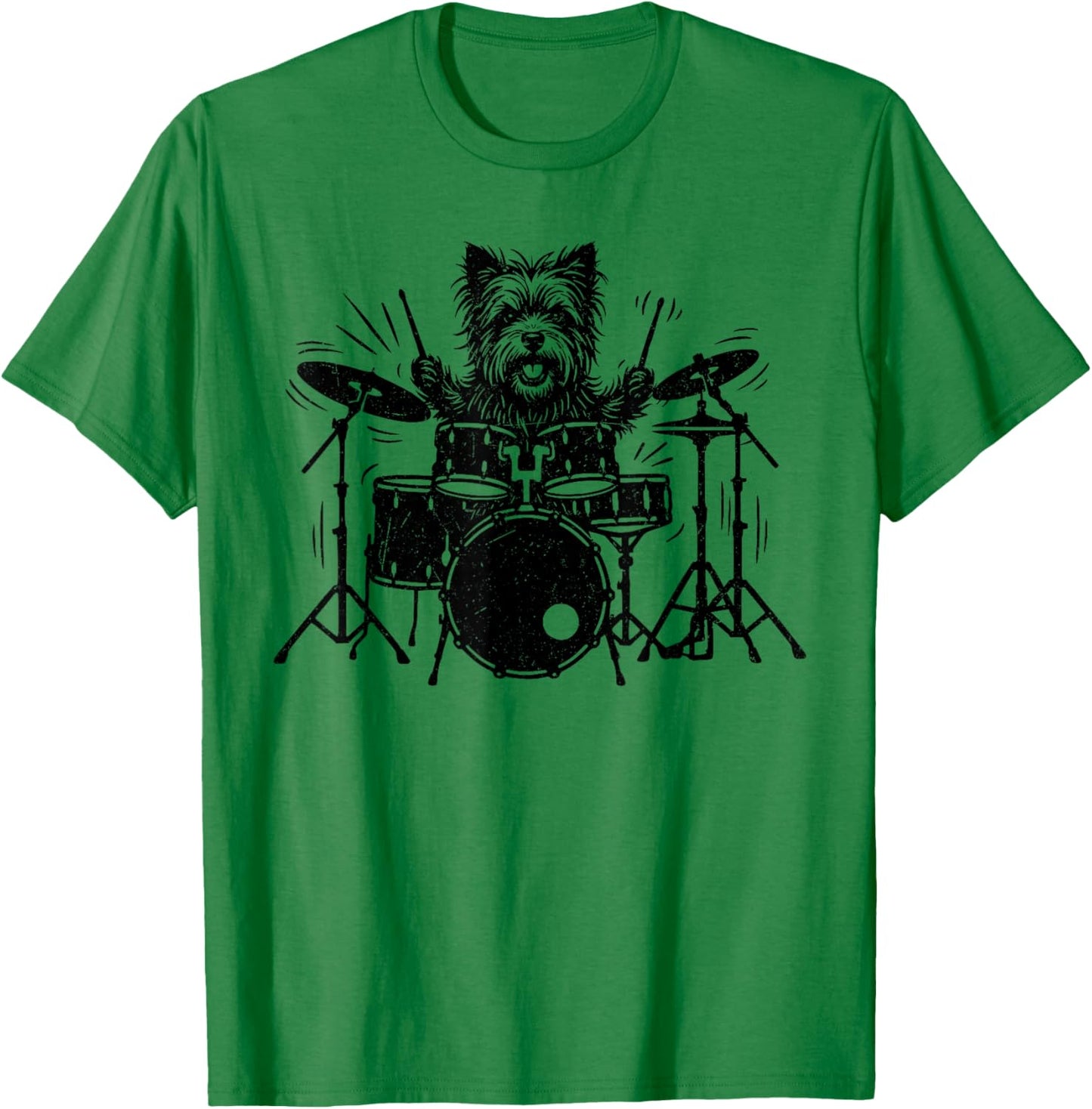 Vintage Yorkie Rock Funny Dog Playing Drums Rock Style T-Shirt - T-Shirt | Irish Green