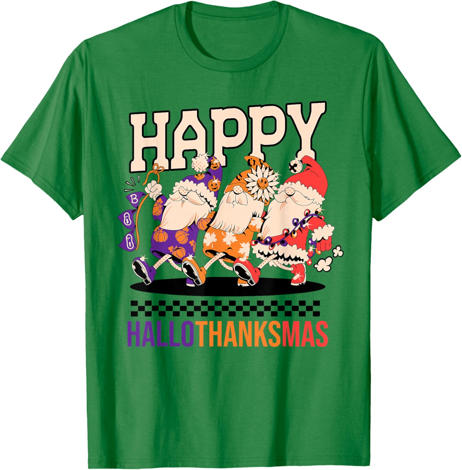 Happy HalloThanksMas Holiday Gnomes Design T-Shirt - T-Shirt | Irish Green