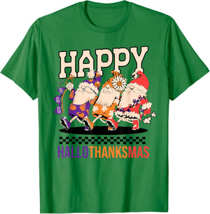 Happy HalloThanksMas Holiday Gnomes Design T-Shirt - T-Shirt | Irish Green
