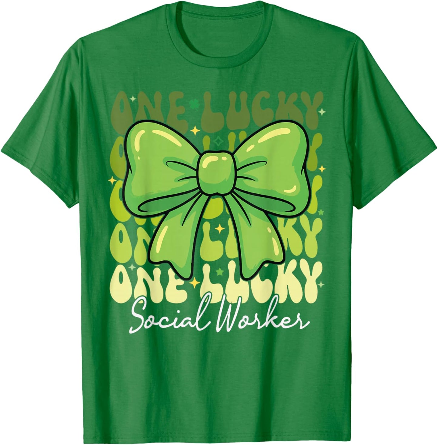 One Lucky Social Worker St Patricks Day Coquette Bow Retro T-Shirt - T-Shirt | Irish Green