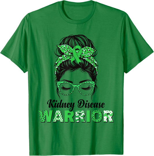 Kidney Disease Warrior Green Ribbon Messy bun Women T-Shirt - T-Shirt | Irish Green