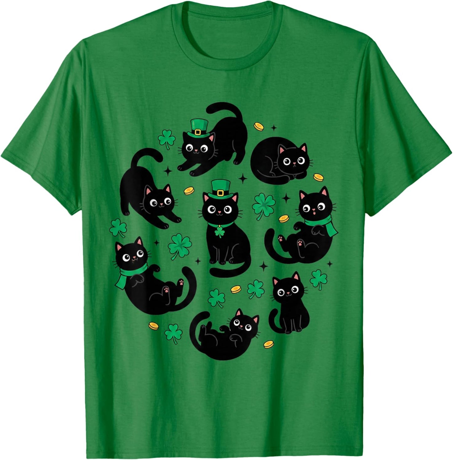 Cute Cats St. Patrick Black Cat Shamrock Kitty Irish T-Shirt - T-Shirt | Irish Green