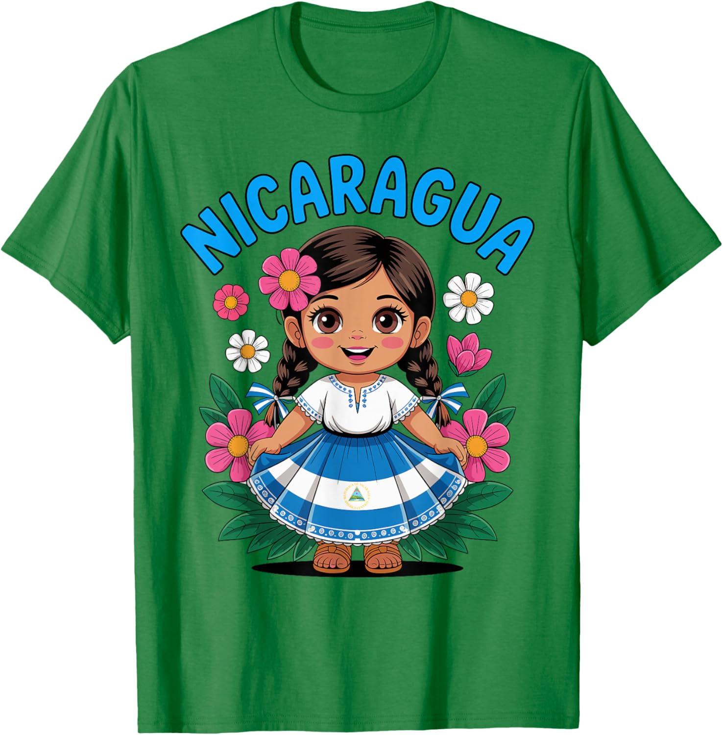Cute Nicaragua Girl Traditional Dress with Flag Art for Kids T-Shirt - T-Shirt | Irish Green
