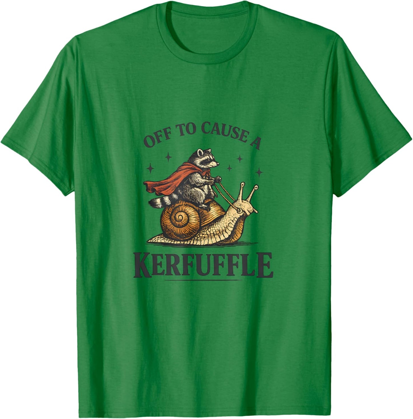 Off to Cause A Kerfuffle Raccoon Riding Snail T-Shirt - T-Shirt | Irish Green