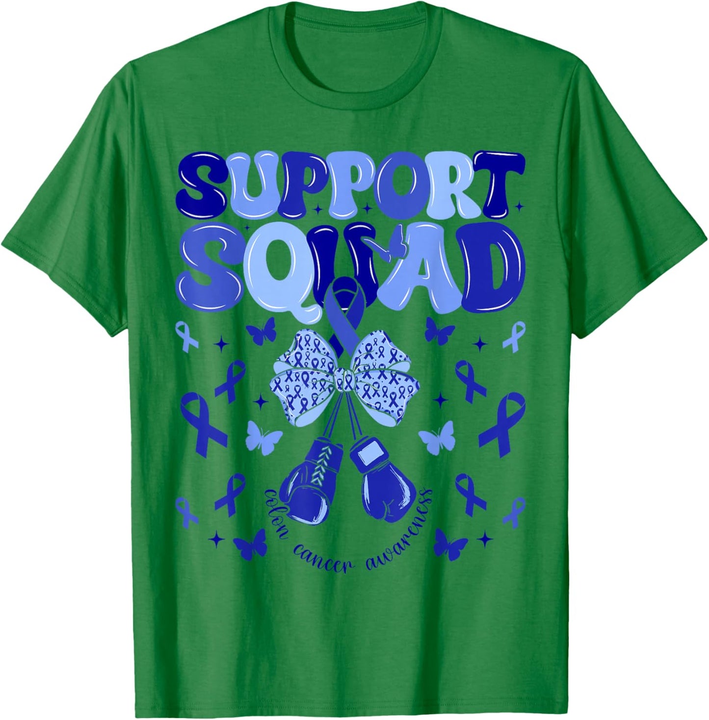 Support Squad Colon Cancer Awareness Blue Ribbon Bow Women T-Shirt - T-Shirt | Irish Green