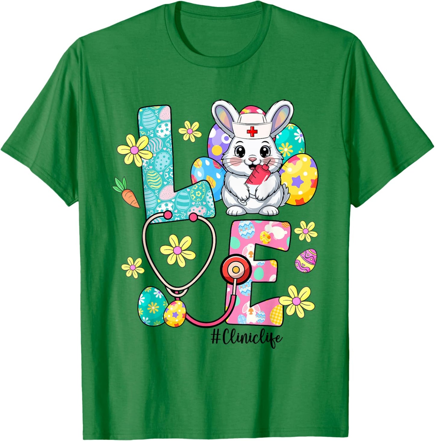 Love Clinic Life Bunny Stethoscope Easter T-Shirt - T-Shirt | Irish Green
