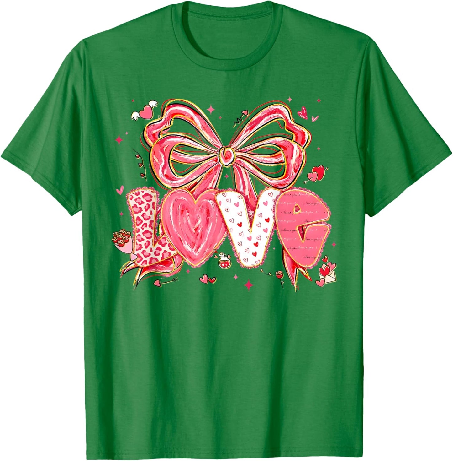 Coquette Bow Hearts Love Valentine XOXO Be Mine Cute Girly T-Shirt - T-Shirt | Irish Green