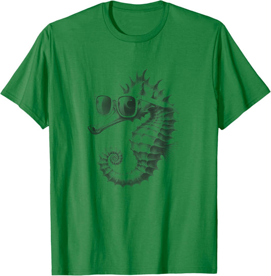 Cool Seahorse with Sunglasses Drawing Art Design T-Shirt - T-Shirt | Irish Green