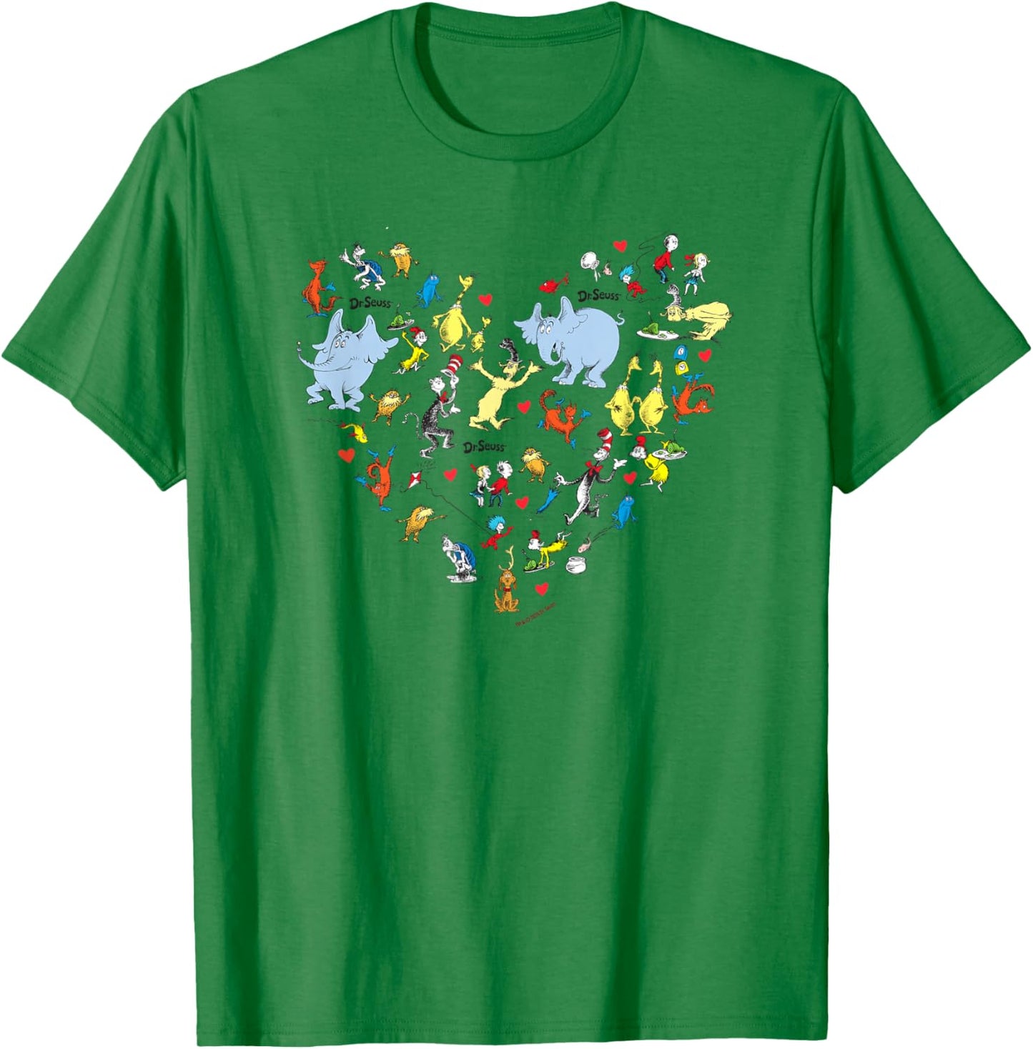 The Cat in The Hat Characters and Hearts Officially Licensed T-Shirt - T-Shirt | Irish Green