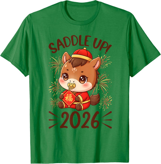 Saddle Up 2026 Cute Horse Chinese New Year Baby Announcement T-Shirt - T-Shirt | Irish Green