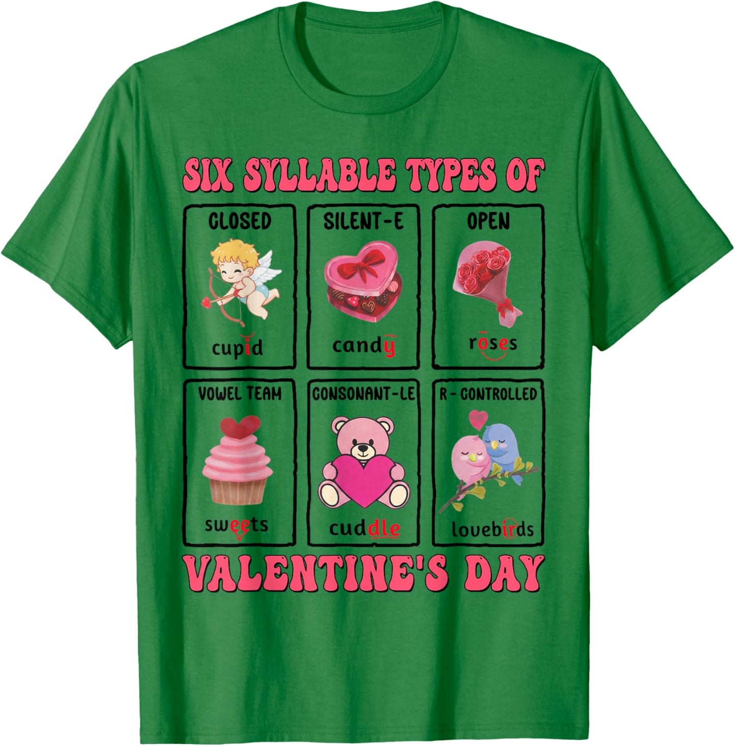 Six Syllables Phonetics Educational Kids Teacher Valentine T-Shirt - T-Shirt | Irish Green